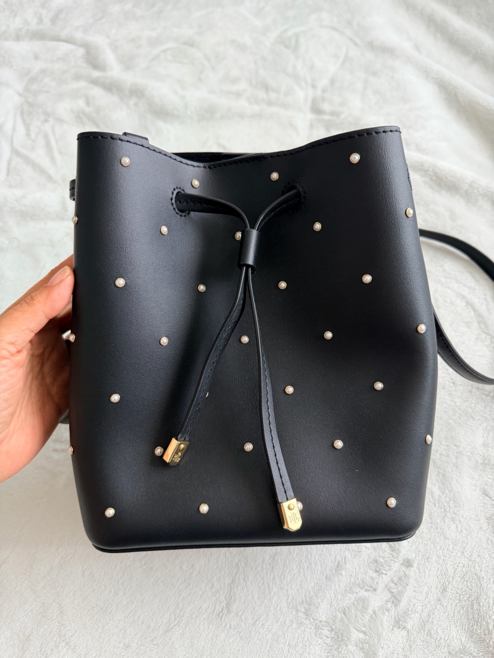 Lauren Ralph Lauren Black Pearl-Accent Drawstring Bucket Crossbody Bag